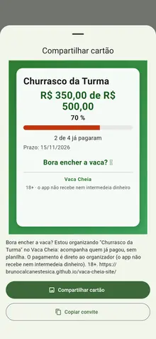 Tela do app com o cartão da vaquinha pronto para compartilhar: Churrasco da Turma, R$&nbsp;350,00 de R$&nbsp;500,00, 2 de 4 já pagaram.